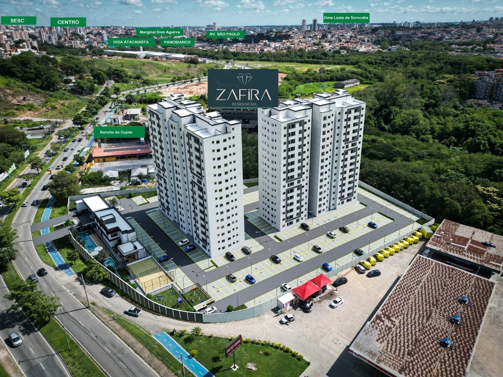 Vista aérea do Zafira Residencial com pontos de referência da região